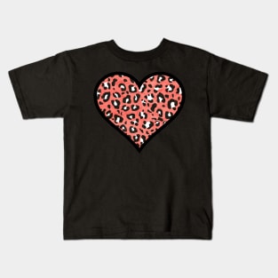 Coral, Black and White Leopard Print Heart Kids T-Shirt